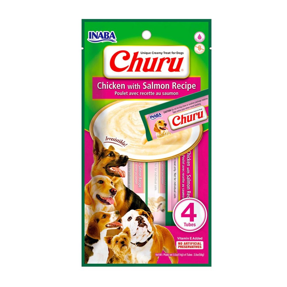 Empaque frontal de Churu para perros Inaba sabor pollo con salmón, snacks nutritivos en puré grain free en formato de 4 tubos