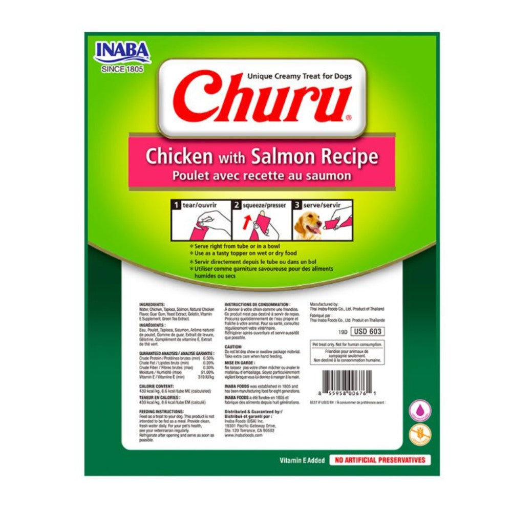 Reverso del pack ahorro 8 tubos de Churu para perros Inaba, especificando las 6.0 kcal por unidad y guía de nutrición en puré