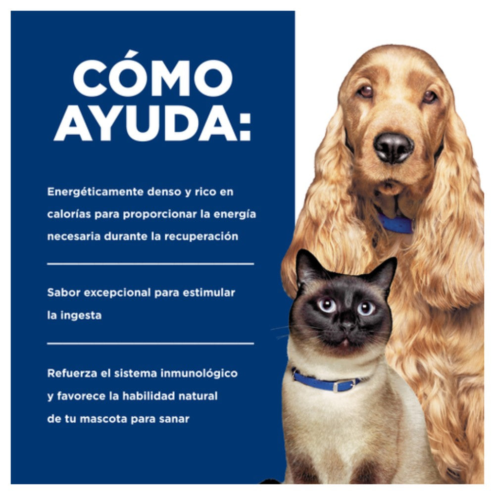 Perro y gato junto a panel azul “Cómo ayuda” Hills Urgent Care con energía para recuperación, sabor y apoyo al sistema inmune