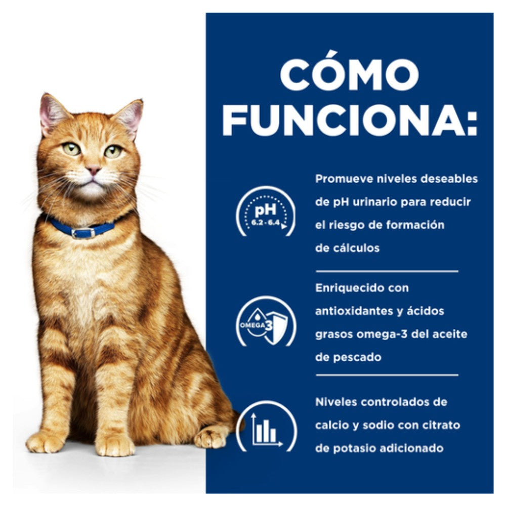 Gato café claro junto a panel azul “Cómo funciona” Hills c/d con pH urinario, omega-3 y control de calcio para salud urinaria