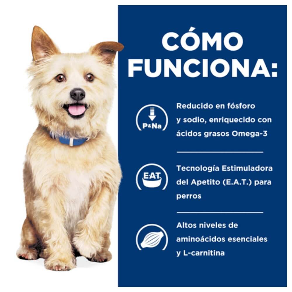 Infografía Cómo Funciona Hill's Prescription Diet k/d sabor pollo para perros. Alimento reducido en fósforo y en sodio con Omega-3
