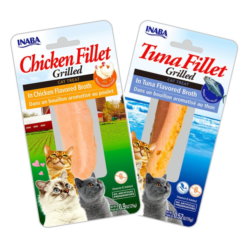 Filetes a la parrilla INABA para gatos sabores pollo y atún, snacks nutritivos para gatos, grain free, Vitamina E y proteínas