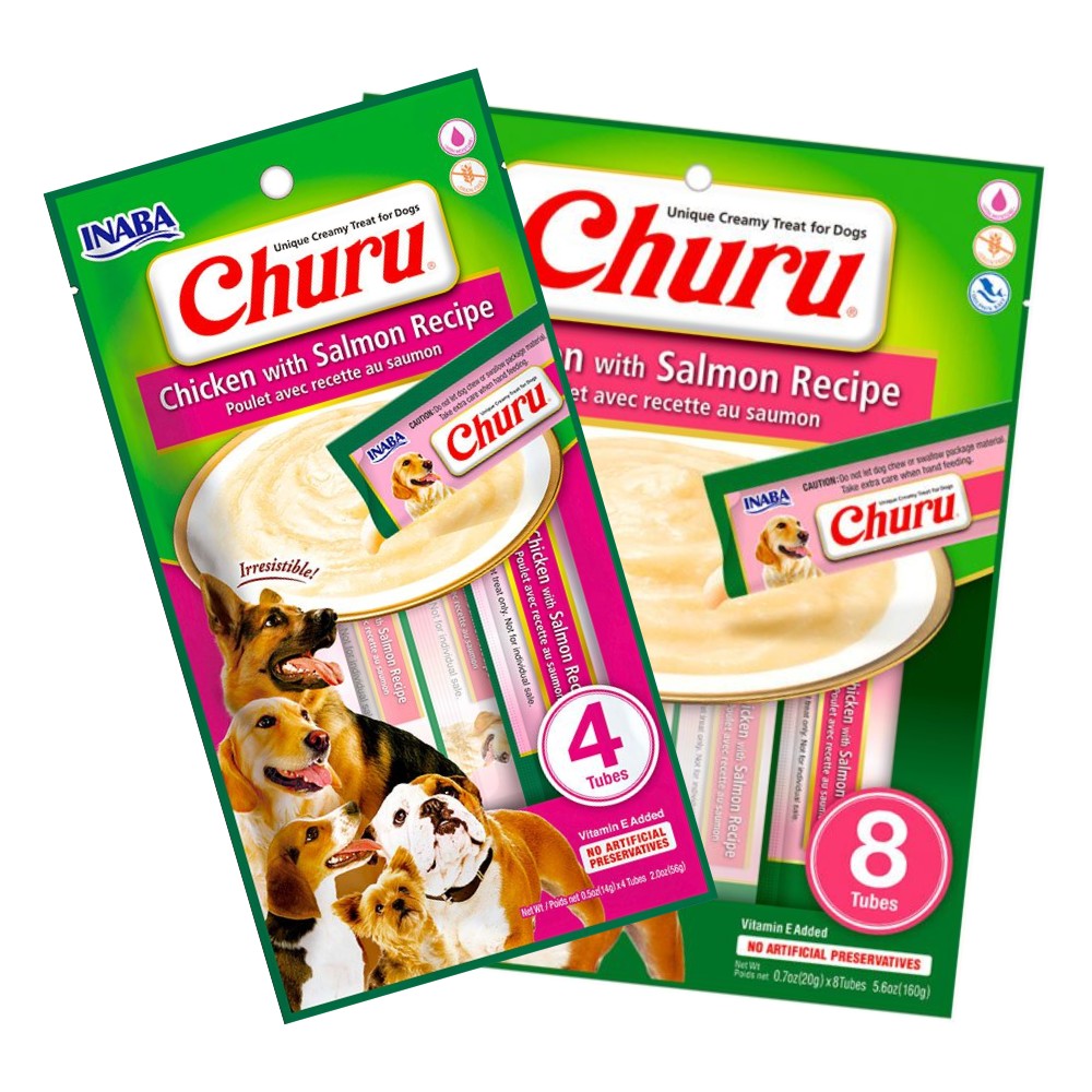 INABA Churu para Perros sabor pollo con salmón, snacks nutritivos tipo puré de INABA en formatos de 4 y 8 tubos para ahorrar