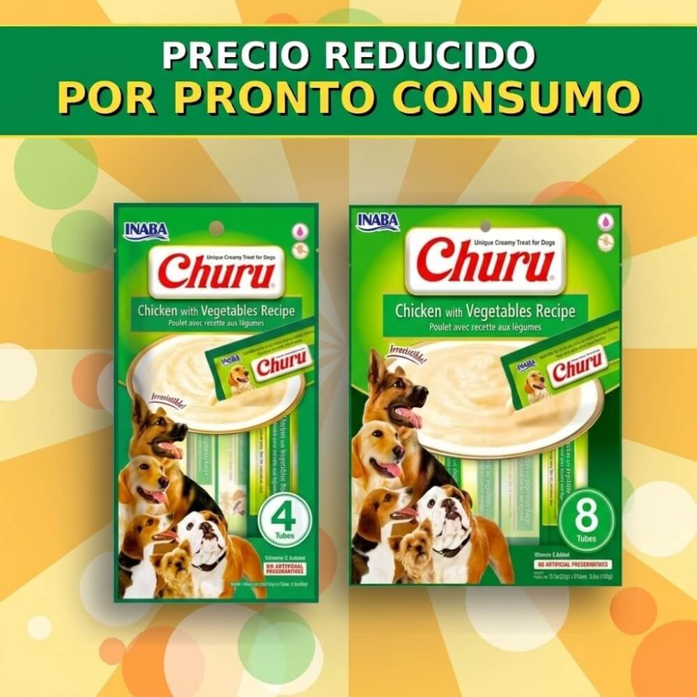 Dos paquetes de 4 y 8 tubos de cremoso snack para Perros Inaba Churu sabor Pollo y Vegetales en oferta. Fondo amarillo con burbujas