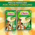 Dos paquetes de 4 y 8 tubos de cremoso snack para Perros Inaba Churu sabor Pollo y Vegetales en oferta. Fondo amarillo con burbujas