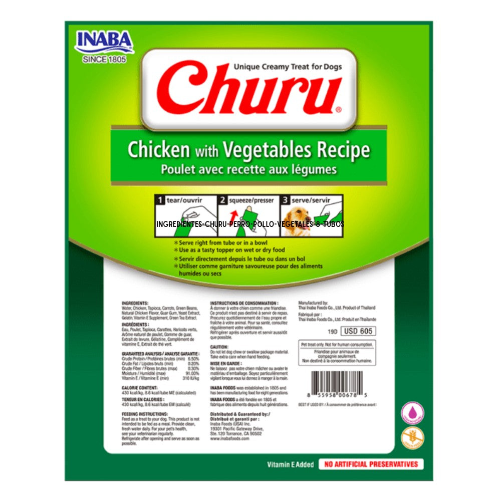 Empaque frontal de Churu para Perros sabor pollo con vegetales pack de 8 tubos, premio natural Grain Free con Vitamina E agregada