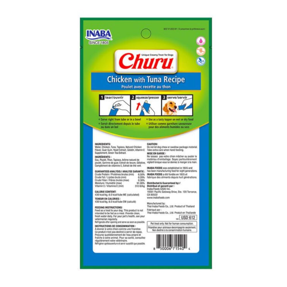 Información nutricional y lista de ingredientes del tubo Churu para perros IINBA, detallando su fórmula natural y grain free