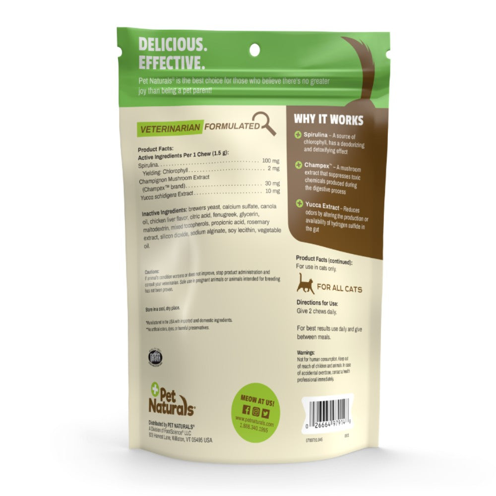 Detalle de ingredientes y dosis de Clean Scat para Gatos, destacando Espirulina y extracto de Yucca para el control de olor