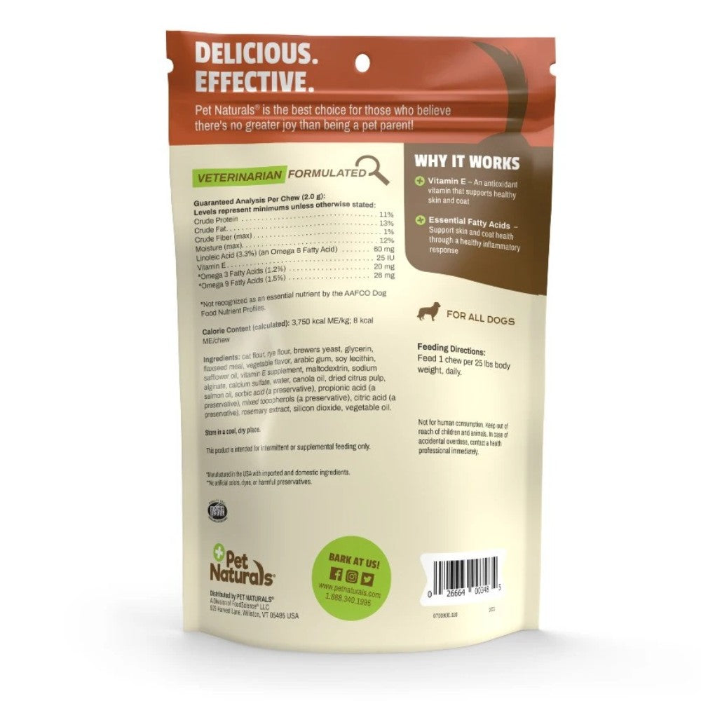 Reverso del envase de Skin+Coat Perros Pet Naturals detallando la composición de ácidos grasos, Vitamina E y dosis por peso.