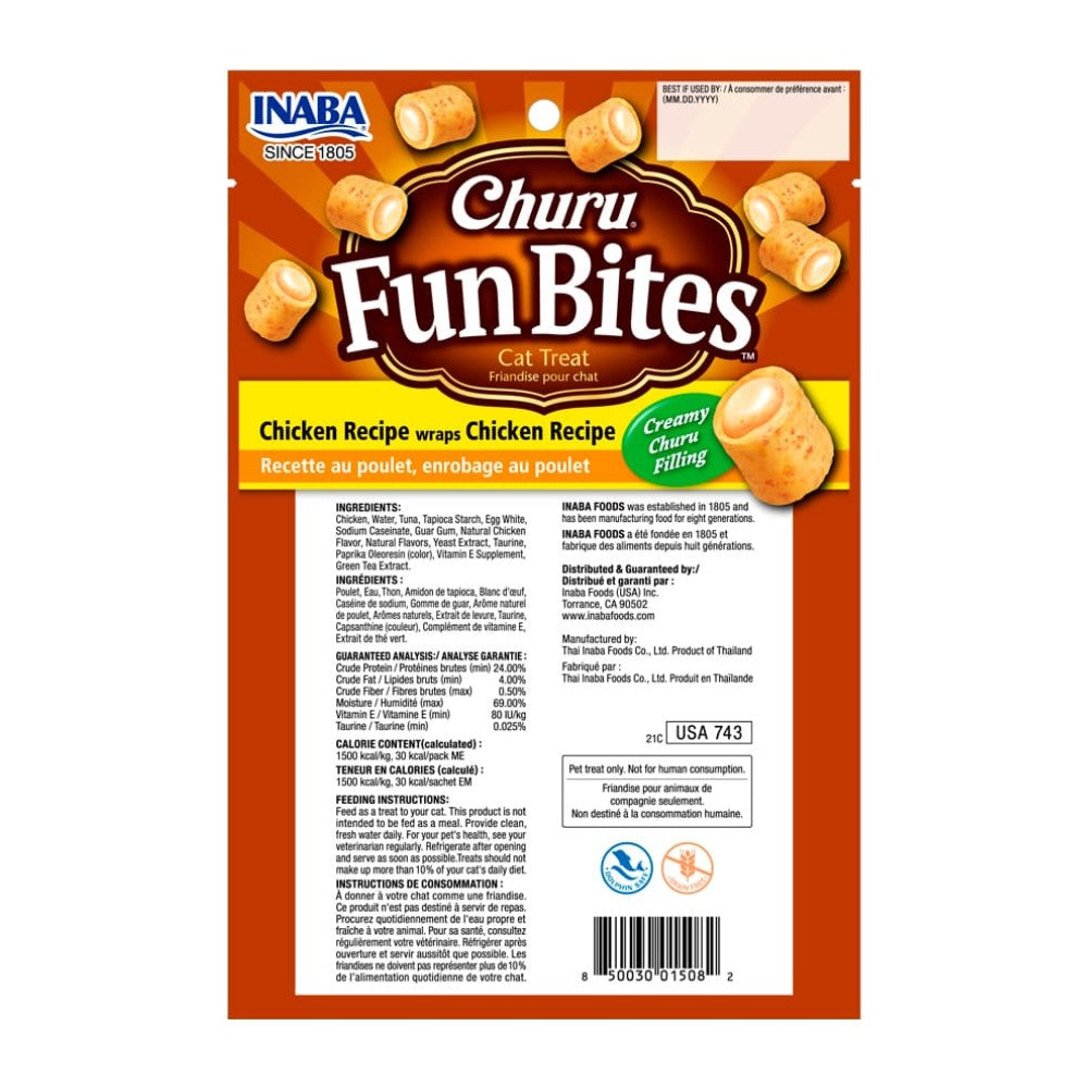 Reverso empaque Inaba Churu Fun Bites pollo con información de taurina y vitamina E, suplemento natural para gatos. Maxi Mascotas