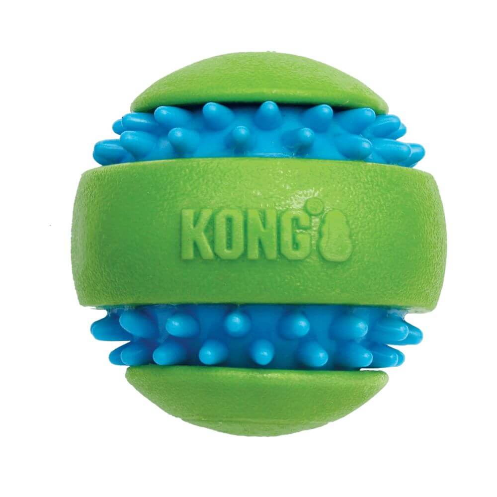 Juguete dental para perro KONG Squeezz Goomz fuera del envase, pelota verde con puntas de goma azul que ayudan a limpiar los dientes al morder