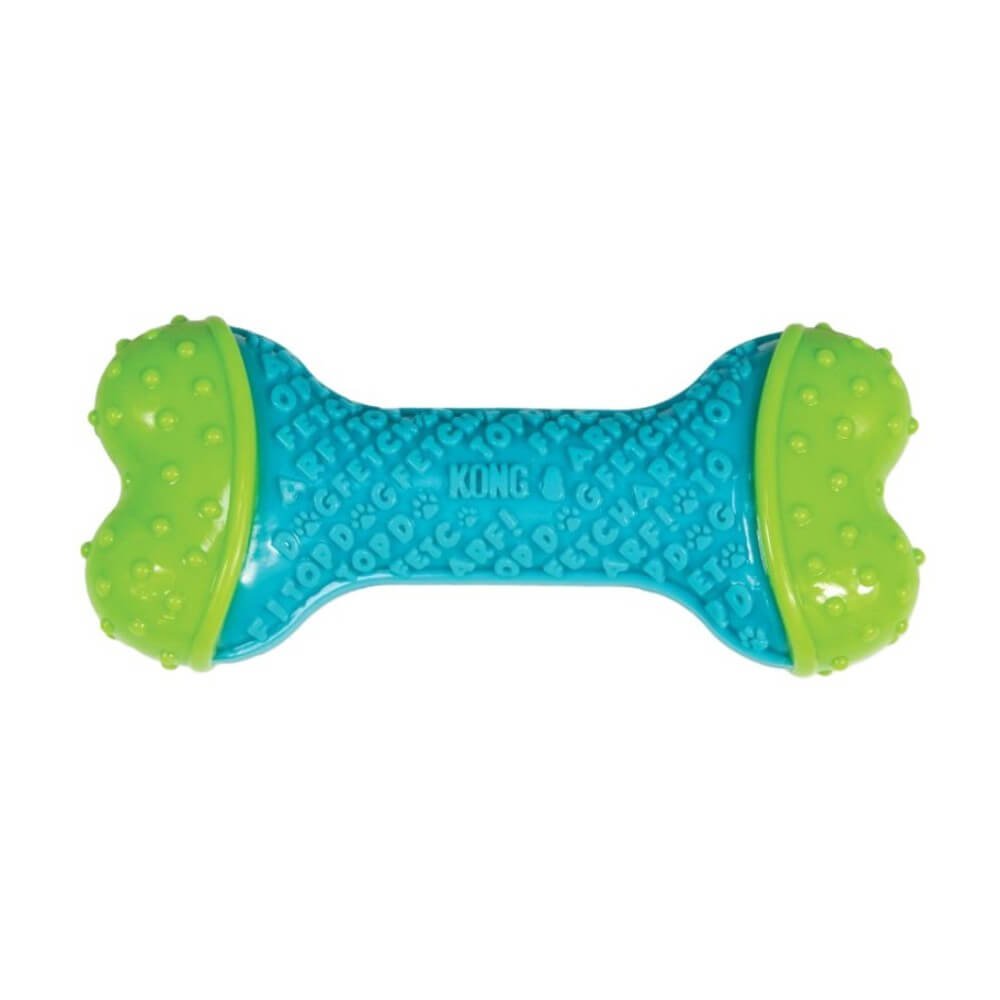Juguete interactivo forma de hueso KONG CoreStrength perros, extremos verdes con relieve de puntos y centro celeste y texturas de letras