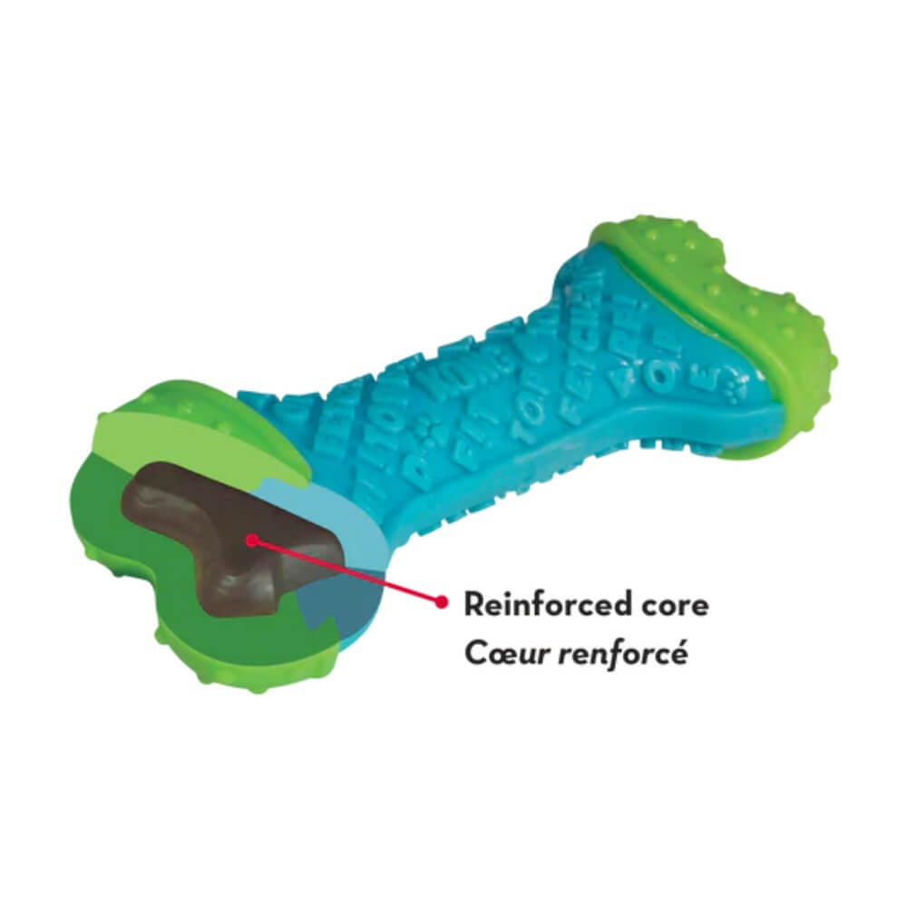 Corte transversal del juguete KONG CoreStrength para perros, muestra las capas internas de goma y el texto indicador "Reinforced core”