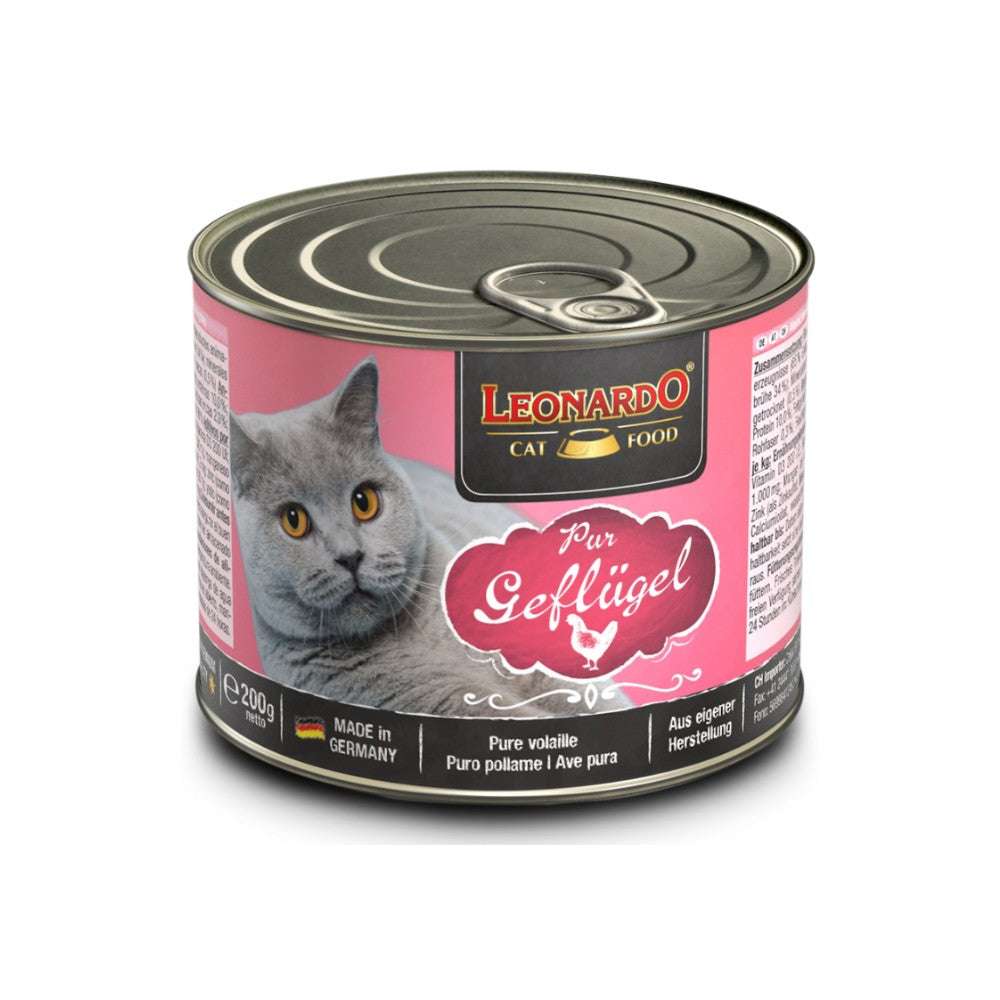 Latas Leonardo Cat Food 200 grs con anillo abre fácil, etiqueta burdeo y texto “Pur Geflügel”, con foto de gato gris en el frente