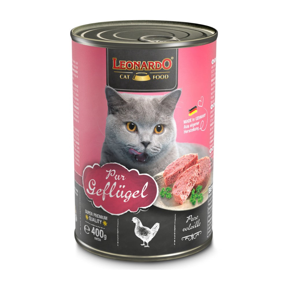 Latas Leonardo Cat Food Pur Geflügel 400 grs, foto de gato gris al frente y etiqueta rosa, vista frontal sobre fondo blanco