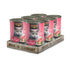 Pack de latas Leonardo Pur Geflügel en bandeja de cartón, vista frontal con 6 envases rosados de 400 grs y gato gris en latas