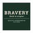 Alimento de mascotas marca Bravery: Logo con eslogan Back to Origins, en letras crema sobre fondo petróleo. La dieta canina de vuelta a sus raíces.