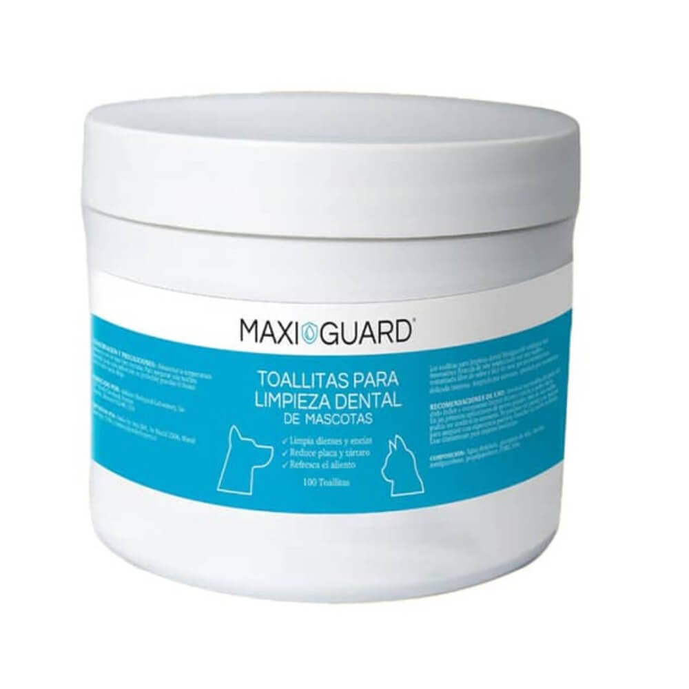 Envase MAXIGUARD toallitas dentales para Perros y Gatos, control de placa y halitosis, sin sabor y sin enjuague, 100 unidades