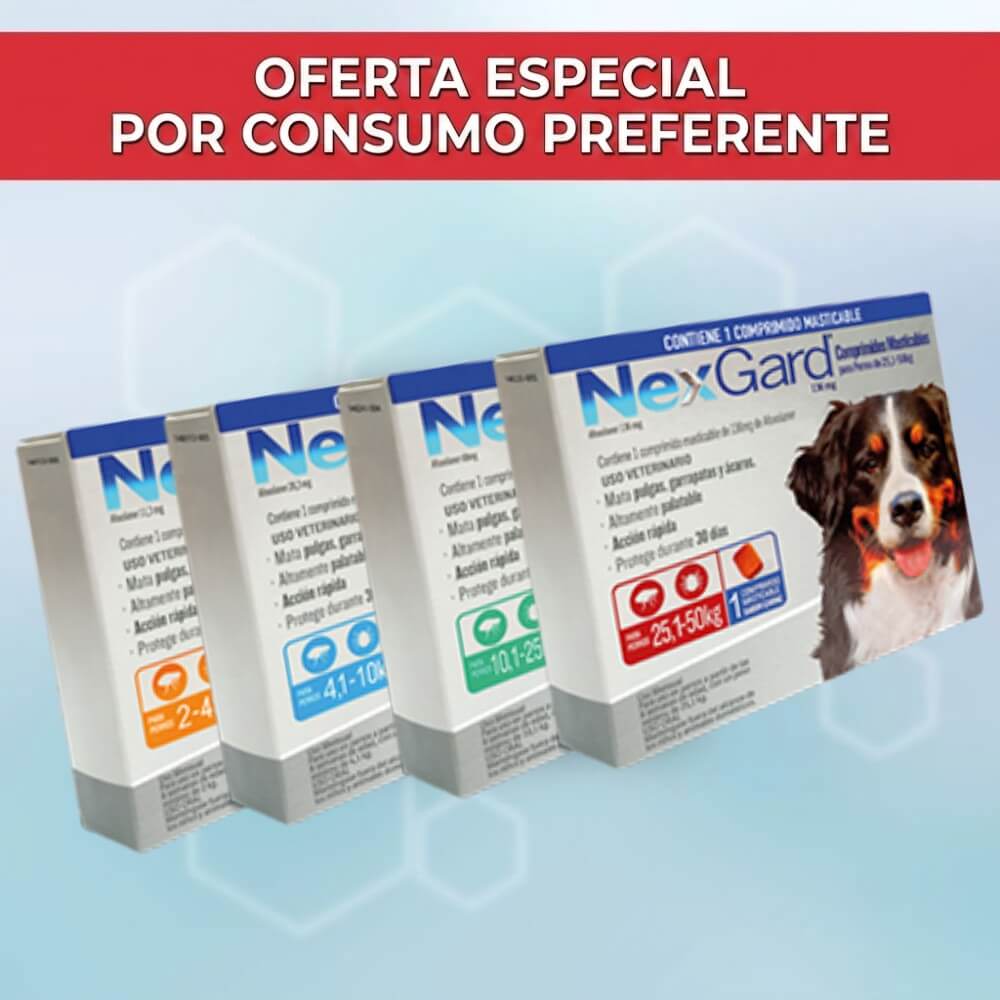 Oferta NexGard para Perros: Cajas del producto para 1 comprimido masticable y diferentes pesos. Mata pulgas, garrapatas y ácaros de sarna