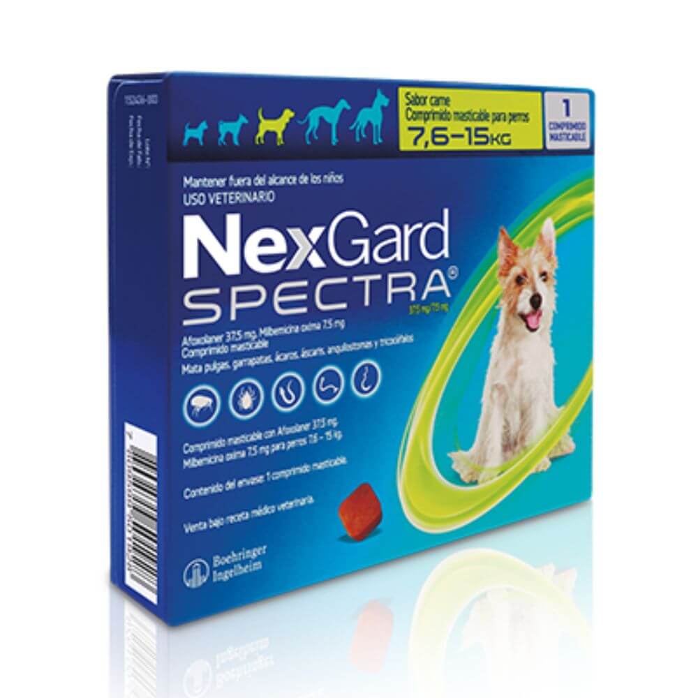 Caja NexGard Spectra para perros medianos de 7,6 a 15 kg: antiparasitario masticable mensual interno y externo, 1 comp/mes, uso veterinario