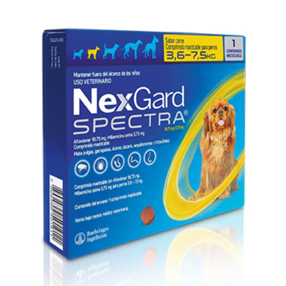 Caja NexGard Spectra 3.6-7.5 kg con comprimido rojo y perro pequeño: Antiparasitario masticable mensual con afoxolaner uso veterinario