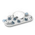 Tablero del puzzle interactivo para gatos Nina Ottosson Rainy Day. Gotas giratorias azul petróleo, clavijas blancas y disco central gris
