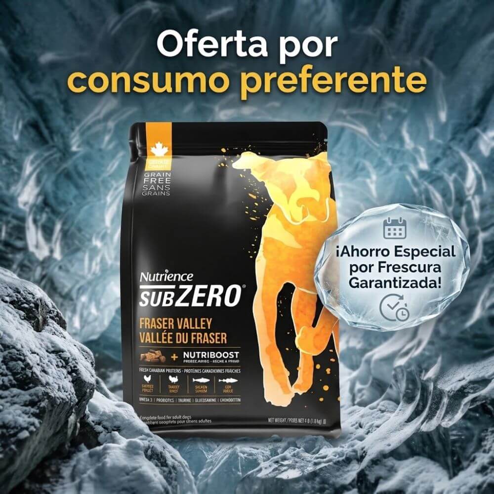 Saco de alimento para perros grain free Nutrience SubZero Fraser Valley para Outlet contra un fondo atmosférico de cristales de hielo