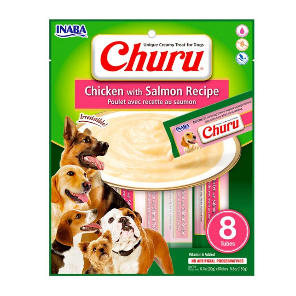 Empaque frontal de Churu para perros Inaba en formato ahorro de 8 tubos, snack nutritivo de pollo con salmón en puré saludable