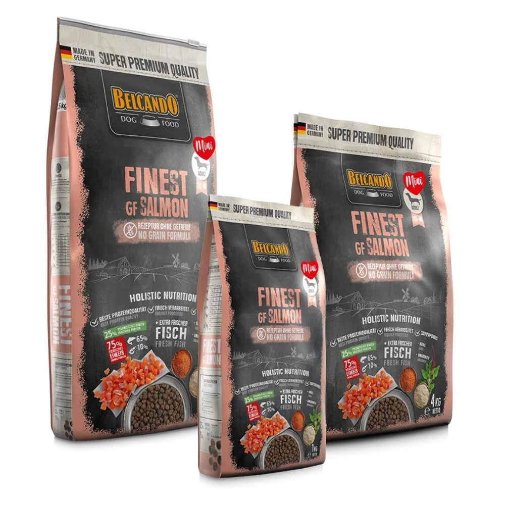 Grupo de bolsas de Belcando Mini Adult Finest GF Salmón en formatos de 1kg, 4kg y 12.5kg, alimento súper premium para Perros