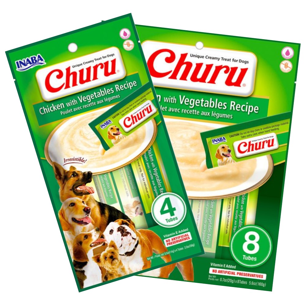 Comparativa de envases Churu para perros snack cremoso sabor pollo con vegetales en formatos de 4 y 8 tubos de 20g cada uno
