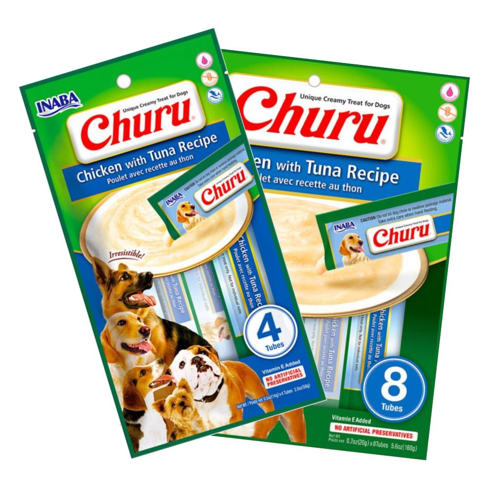 Variedad de Churu perros pollo con atún, alimento para perros snack en puré hidratante de INABA, grain free y sin aditivos