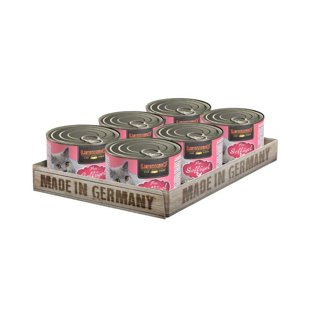 Pack de 6 latas 200 grs Leonardo Pur Geflügel paté Pollo comida húmeda gatos en bandeja de cartón con diseño rosado y gato gris