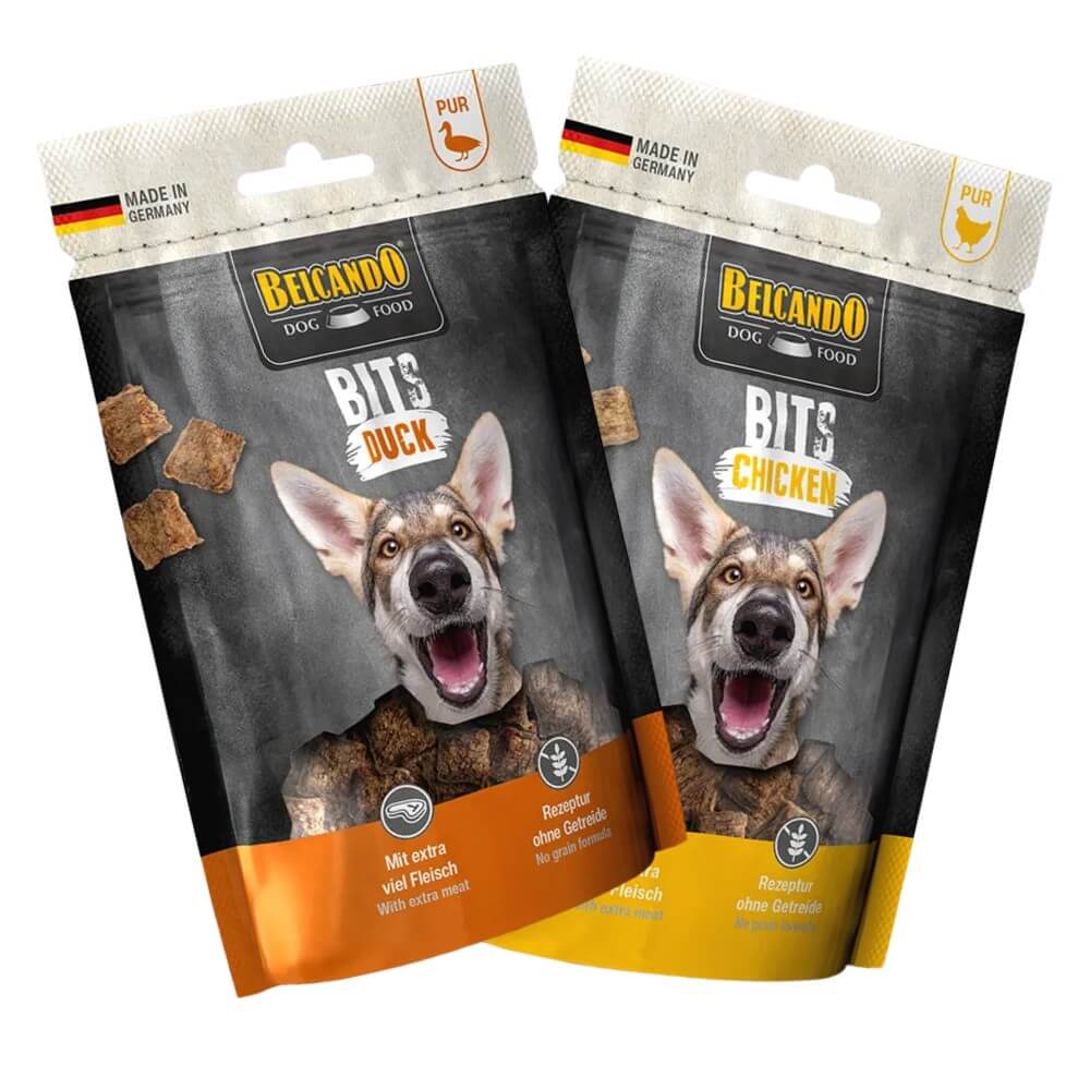 Dúo de premios naturales Belcando Bits Pato y Pollo, snacks grain free de origen alemán para perros con alergias alimentarias