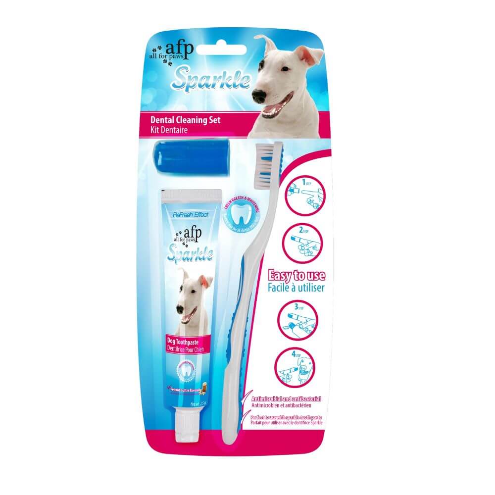 Pasta dental para perro AFP Sparkle con cepillo de dientes y dedal en su envase, kit de limpieza dental fácil de usar en tu casa