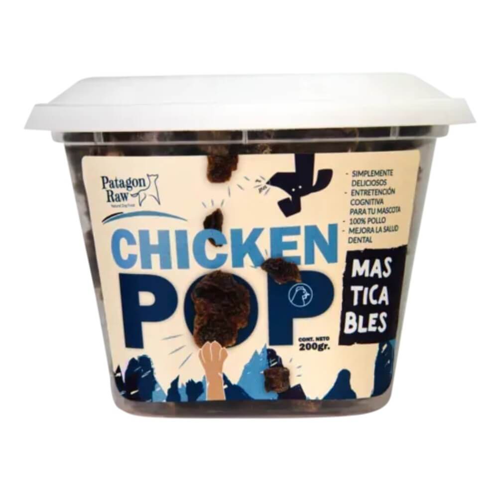 Frente pote premios Patagon Raw Chicken Pop Masticables Perros de 160 gramos. Etiqueta dice snack 100% pollo que mejora la salud dental