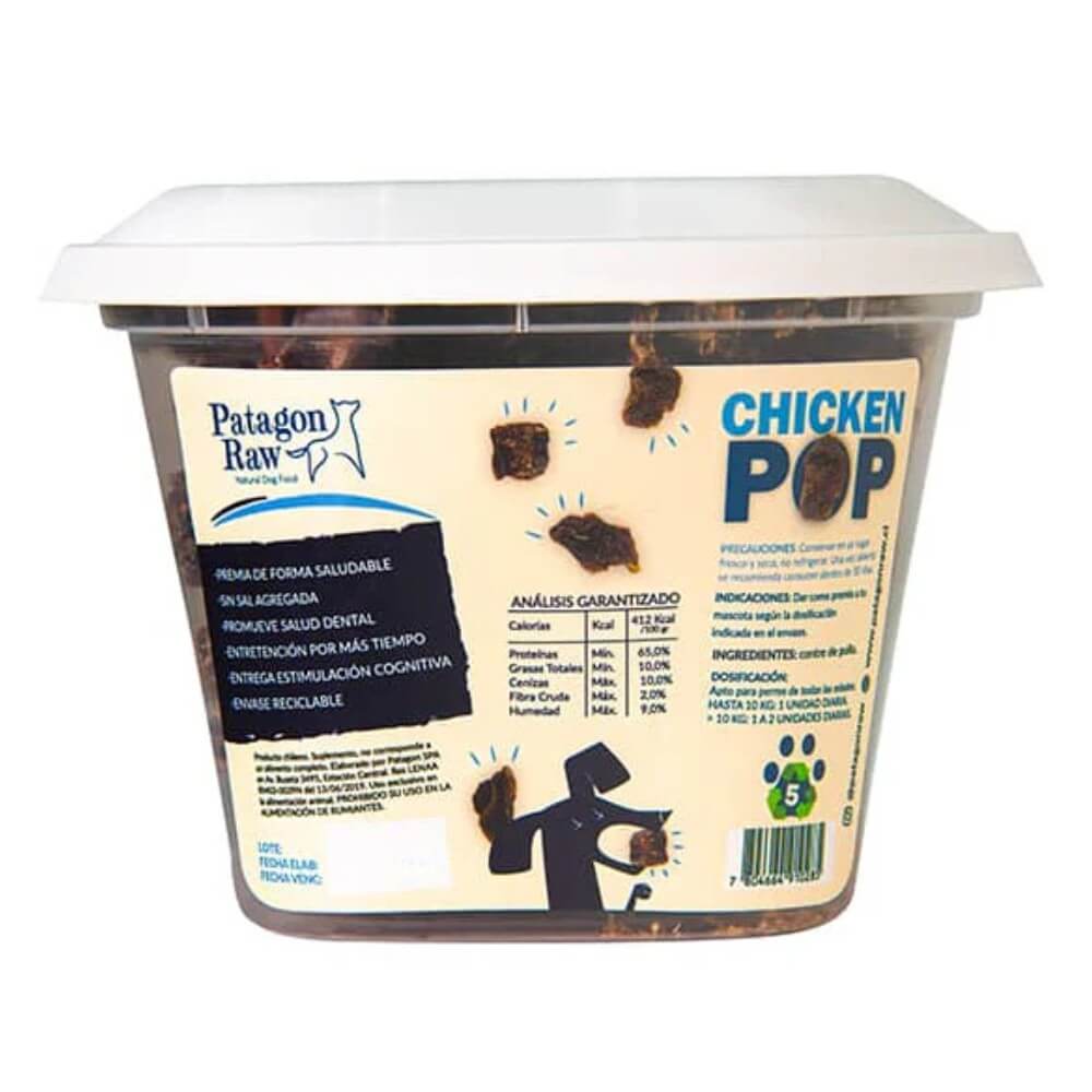 Contraetiqueta snack para perros Chicken Pop de Patagon Raw con tabla ingredientes, análisis garantizado y dosificación por peso 
