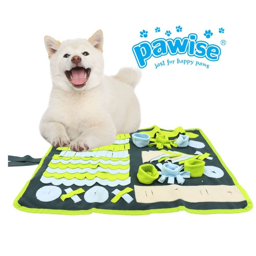 Perro Shiba Inu blanco feliz junto a la alfombra olfativa PAWISE Mat para perros con tiras de tela en verde, azul y blanco antiansiedad