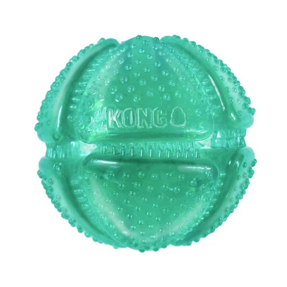 Pelota dental para perros KONG Squeezz de goma verde y ranuras para rellenar snacks, higiene bucal y limpiar sarro o placa dental canina