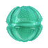 Pelota dental para perros KONG Squeezz de goma verde y ranuras para rellenar snacks, higiene bucal y limpiar sarro o placa dental canina