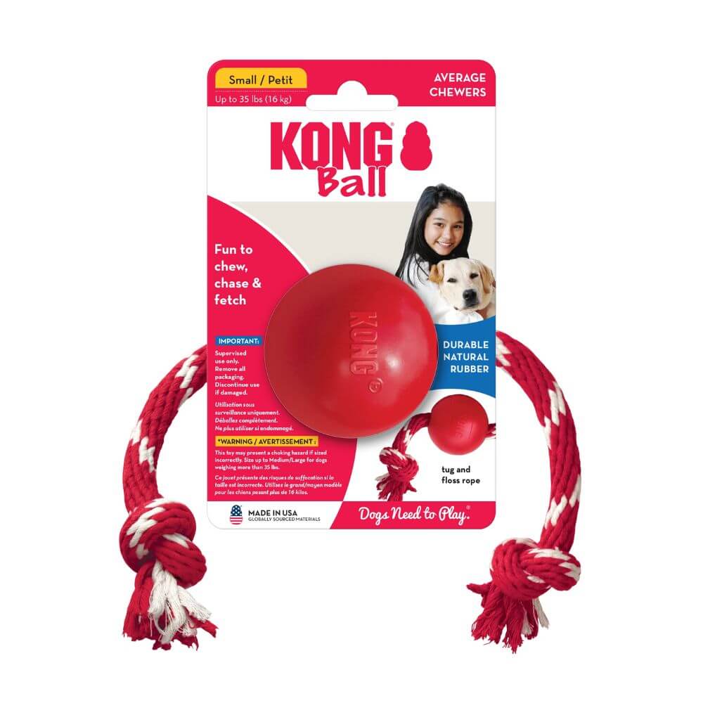 Pelota KONG con cuerda para perros en su envase, Ball with Rope de goma natural roja para jugar a lanzar, tirar y morder con tu perro