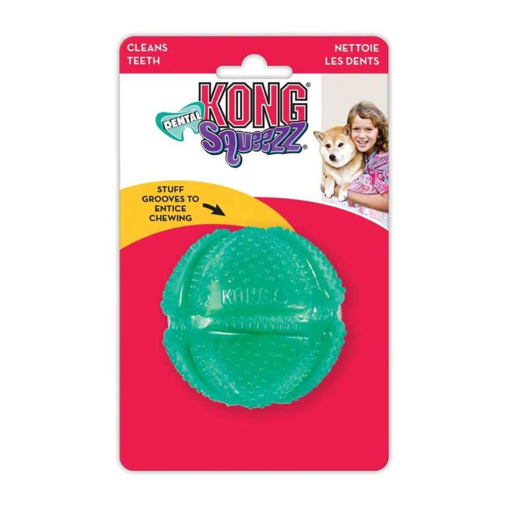 Empaque de pelota para perros KONG Dental Squeezz Ball verde, juguete interactivo masticable que favorece la limpieza dental y encías