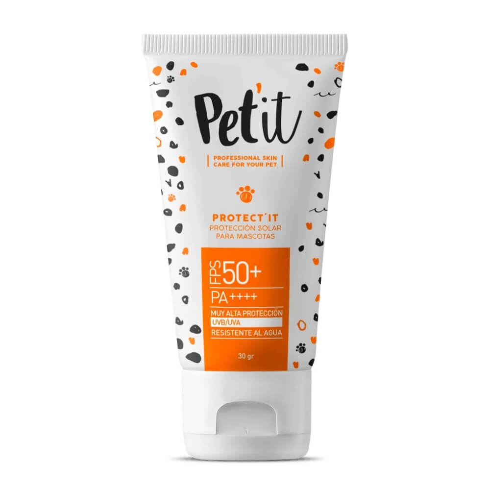 Pet it Protector Solar en tubo de 30 gramos con FPS 50 plus resistente al agua para máxima protección de la piel en perros y gatos