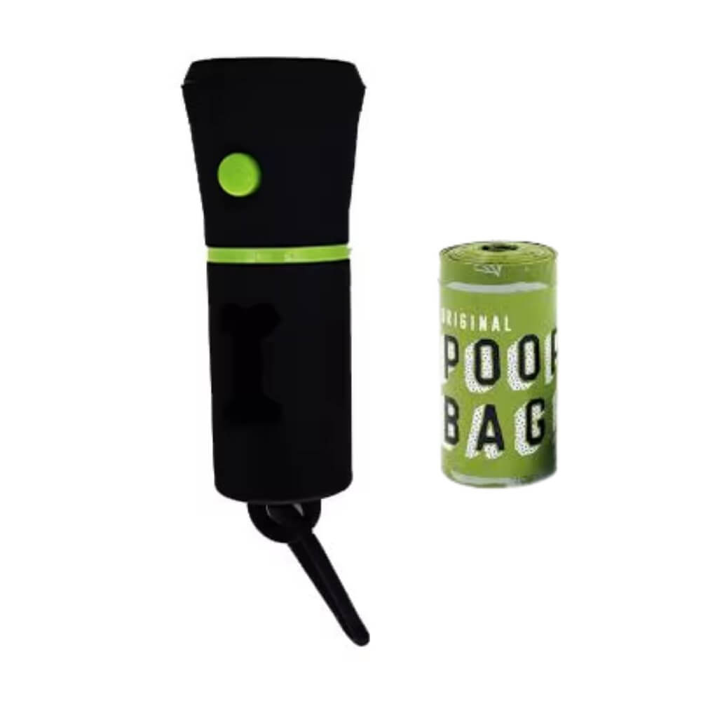 Vista vertical de porta bolsas y dispensador de bolsas caca perros con linterna LED y un rollo individual de Poopa Bag de gran capacidad
