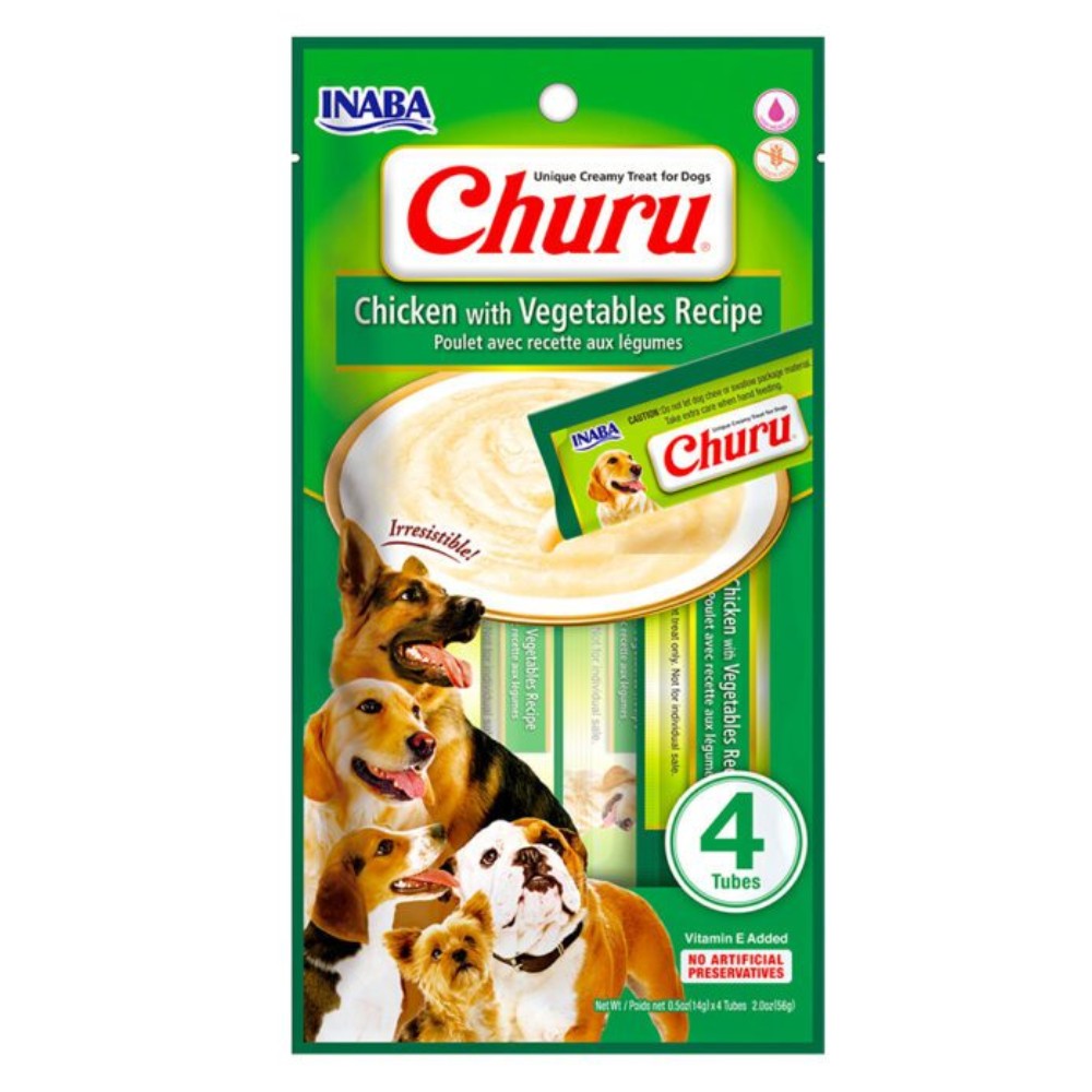 Envase frente de 4 tubos de INABA Churu para Perros sabor pollo con vegetales, bocadito cremoso sin conservantes artificiales