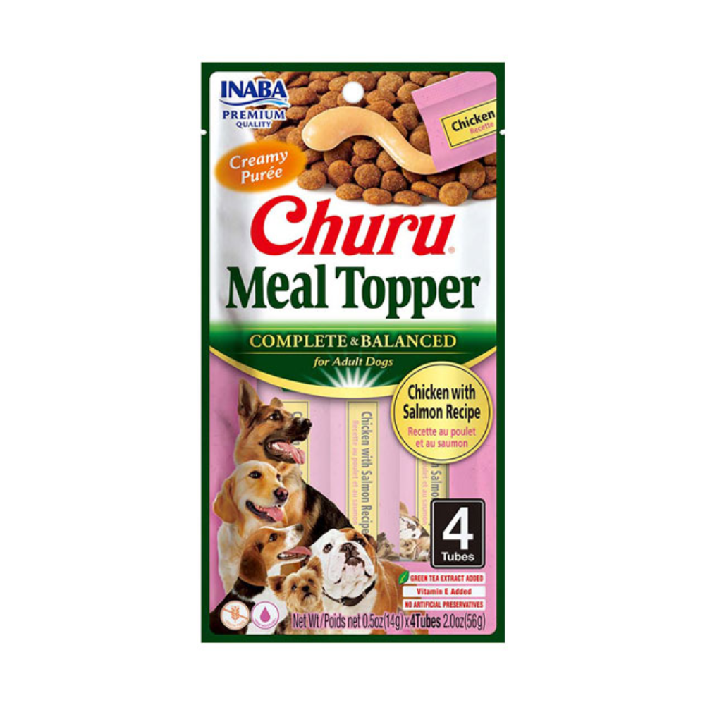 Frente envase de Inaba Perros Churu Meal Topper Pollo con Salmón, alimento para perros completo y Grain Free, 4 tubos de puré