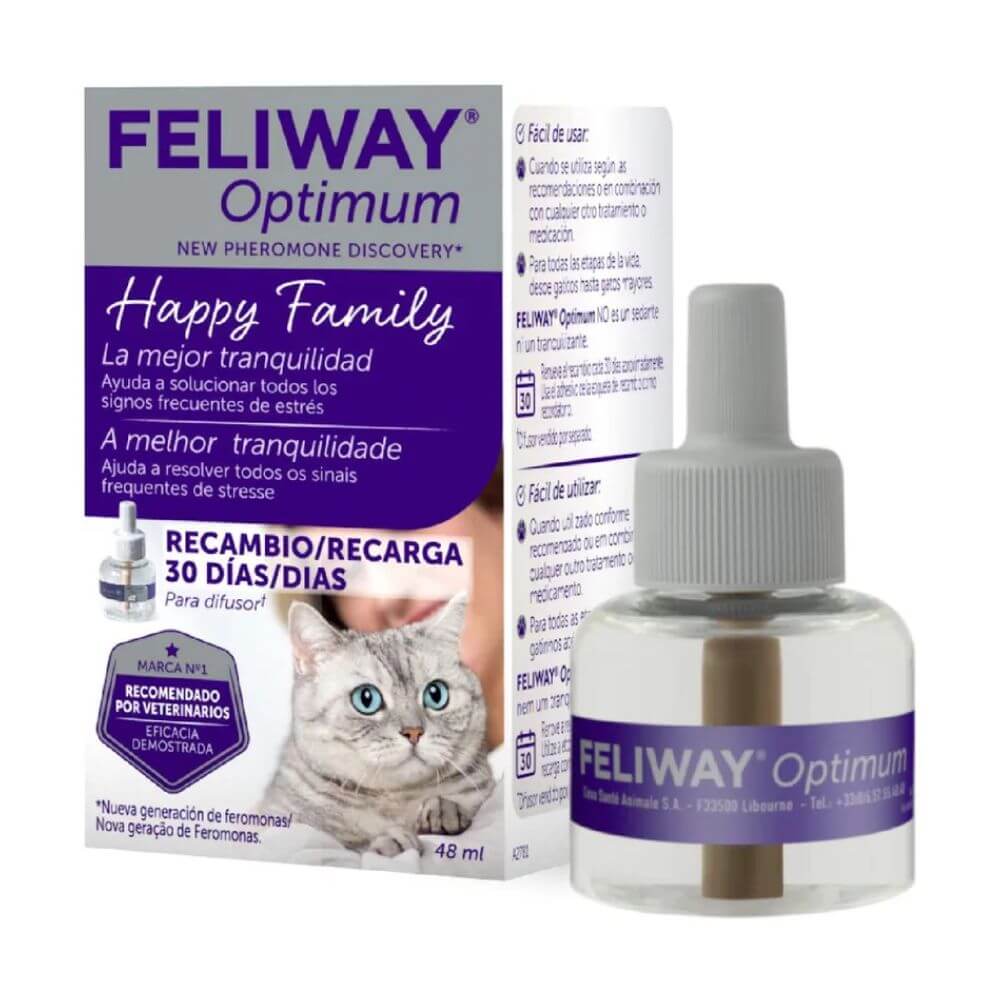 Caja y frasco de recambio Feliway Optimum de 48ml para difusor con feromonas felinas que reducen el estrés y la ansiedad en gatos