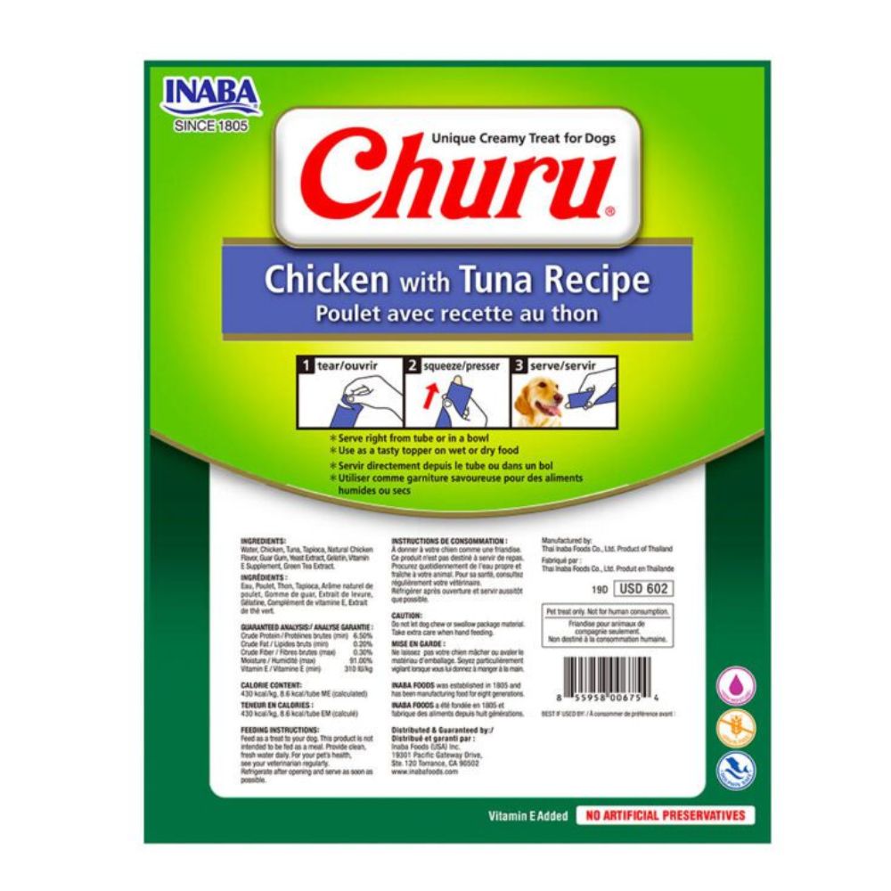 Reverso pack de 8 tubos de puré Churu para perros INABA, especificando ingredientes de grado humano y análisis nutricional