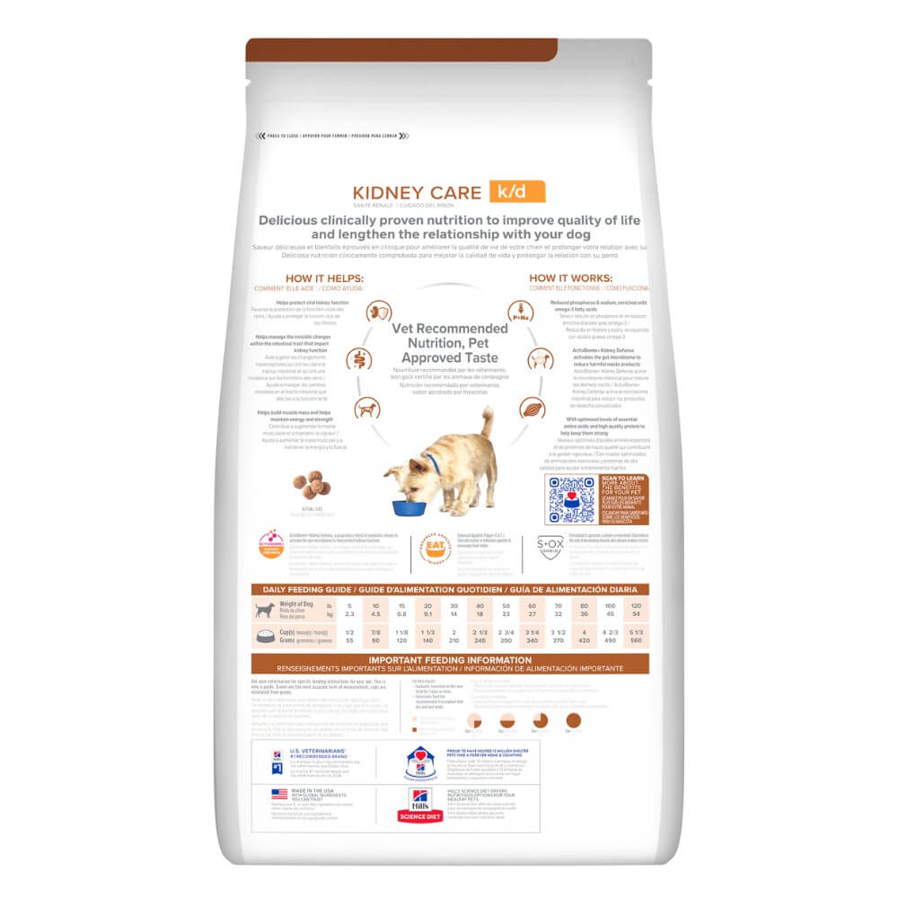 Reverso saco Hill's Prescription Diet k/d Kidney Care para perros, detalle guía de alimentación diaria en gramos según peso del perro