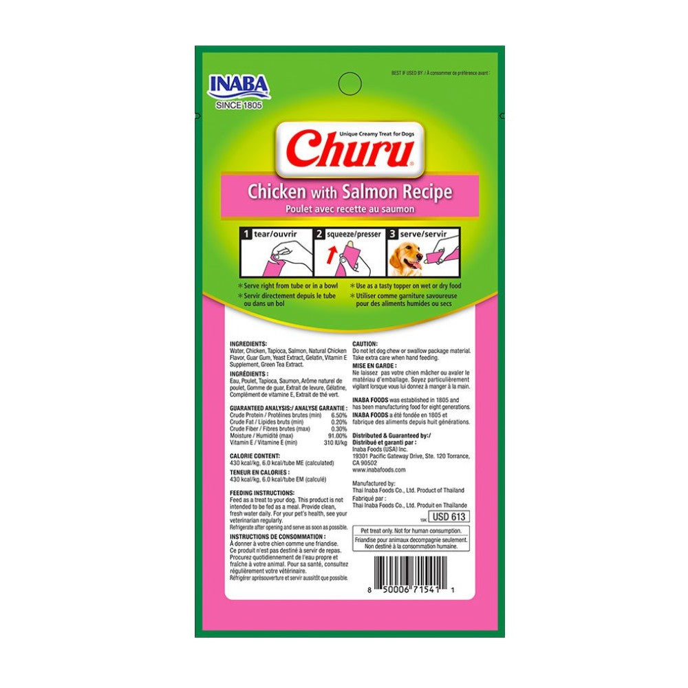 Reverso pack de 4 tubos de Churu para perros Inaba, especifica ingredientes de grado humano y análisis nutricional del puré