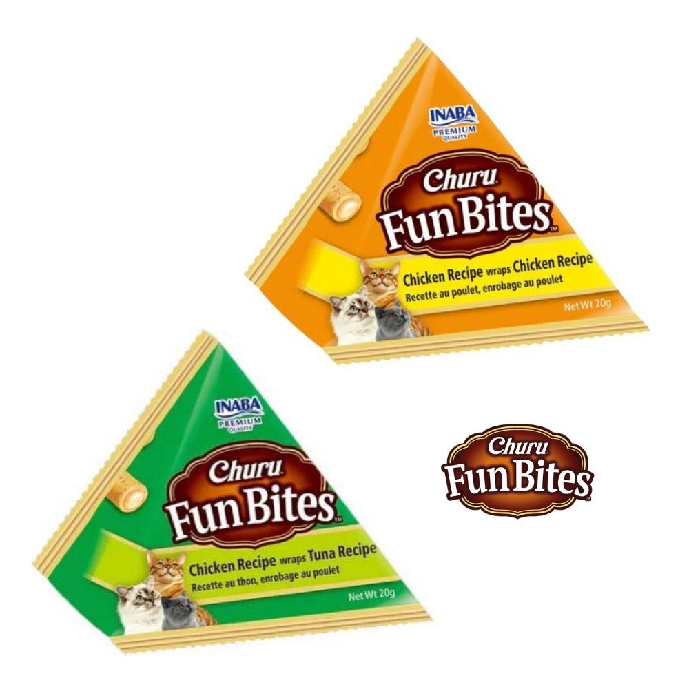 Sachets piramidales de INABA Churu Fun Bites sabor pollo y atún para gatos, formato de 20g que garantiza la frescura del snack